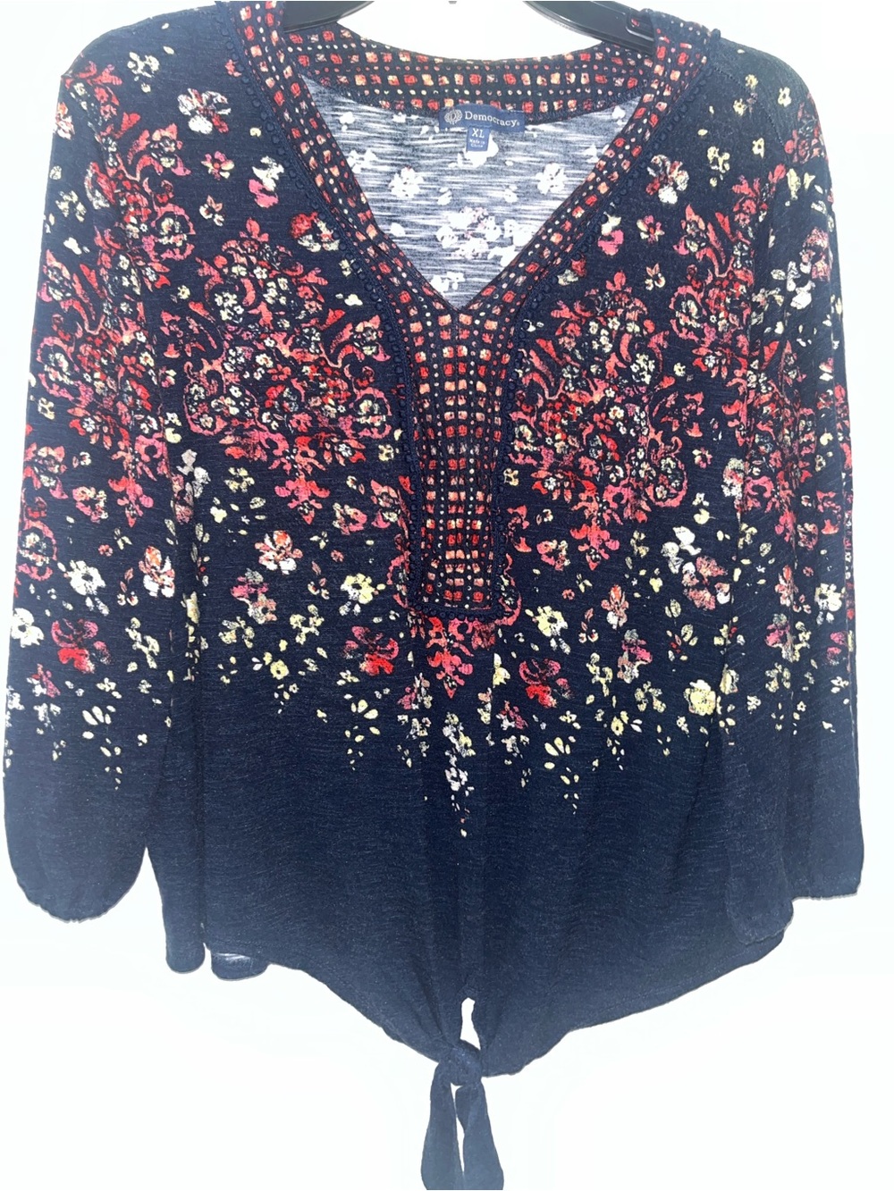 Democracy navy blue Floral V-Neck Tie-Hem Women's Top